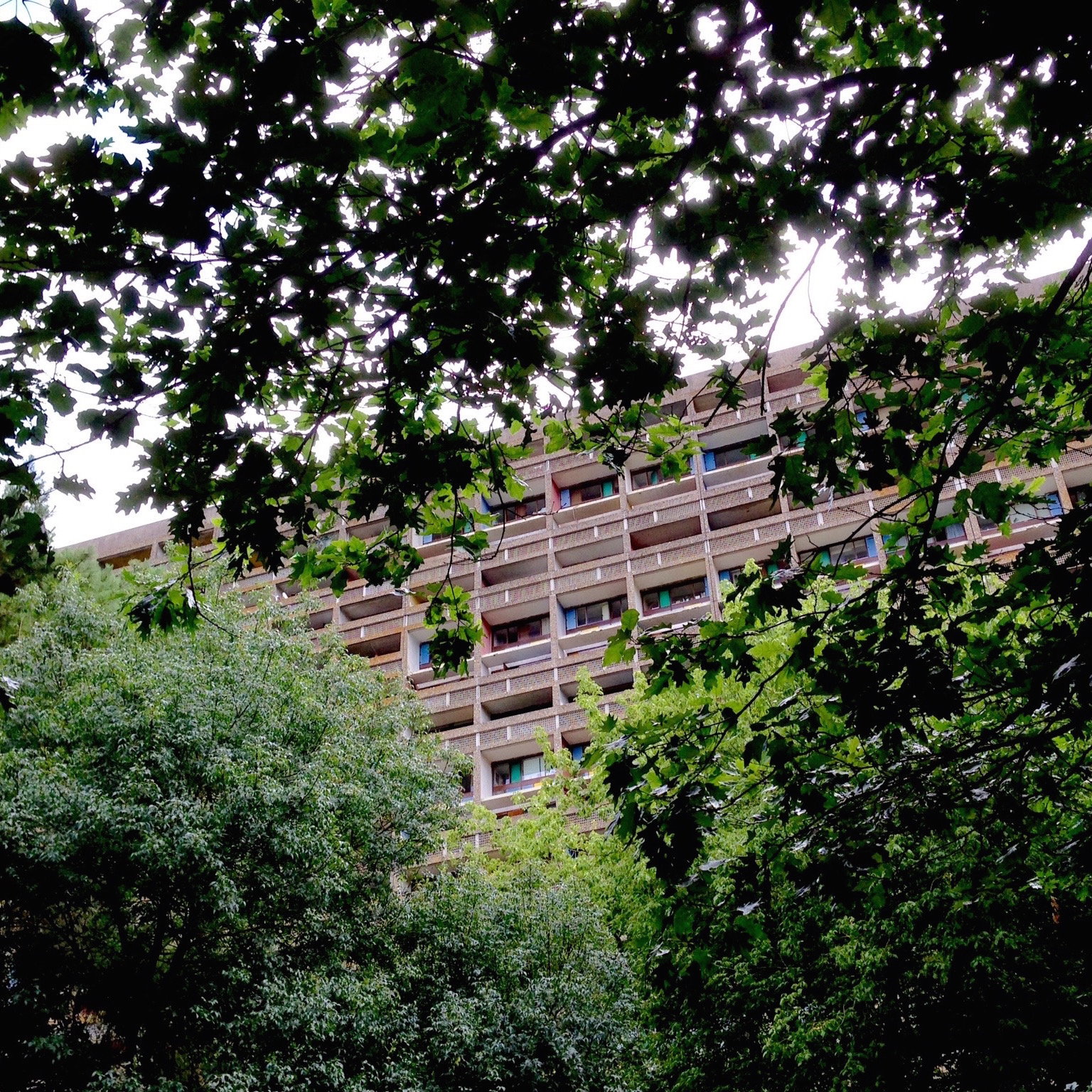 Une vue lointaine de l’édifice, au milieu de la verdure.